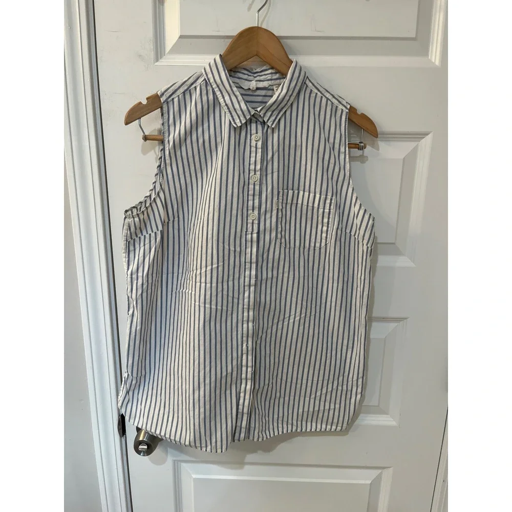 Levis Womens Blue White Striped Sleeveless Button Down Shirt Large